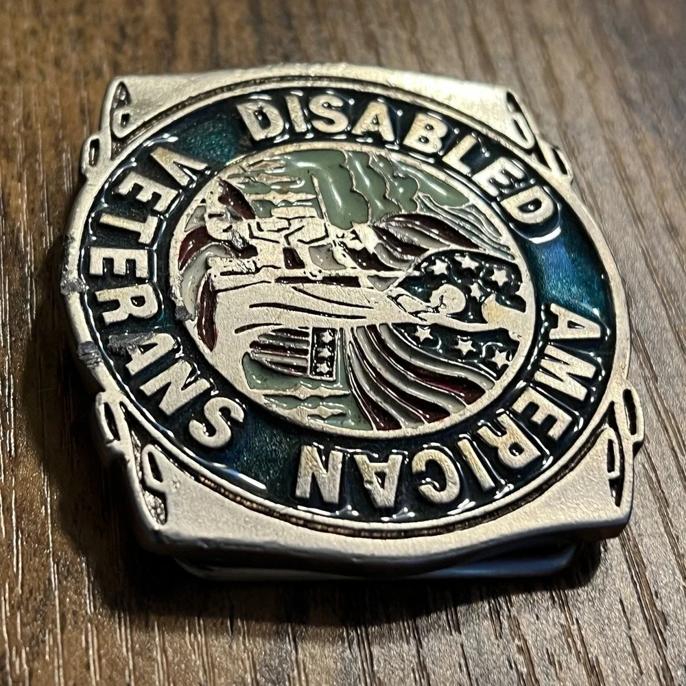VYG Pewter Belt Buckle Disabled American Veterans Military USA Flag Soldier